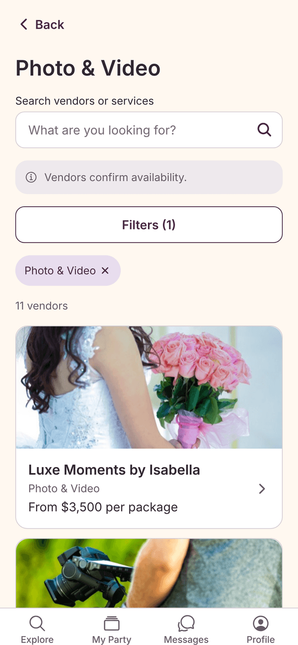 PartyHub app screen listing photo and video vendors, with sample data